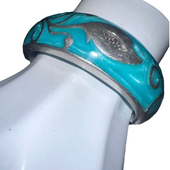 ANDREW HAMILTON CRAWFORD 925 Silver Teal Cuff Botanical Vine Modernist Bracelet - Picture 3 of 16